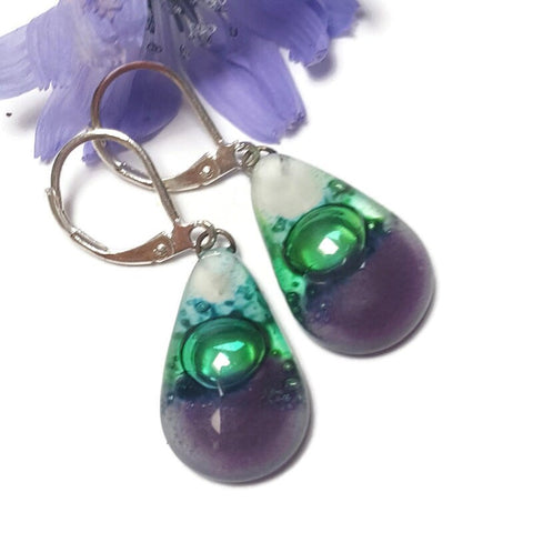 Fused Glass small Teardrop earrings. Lilac, white and green Drop earrings- Recycled Fused Glass dangle Earrings.