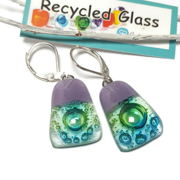 Fused Glass dangle Earring. Lilac and Green Handmade Drop Earrings. PLEASE CHOOSE HOOK WIRE