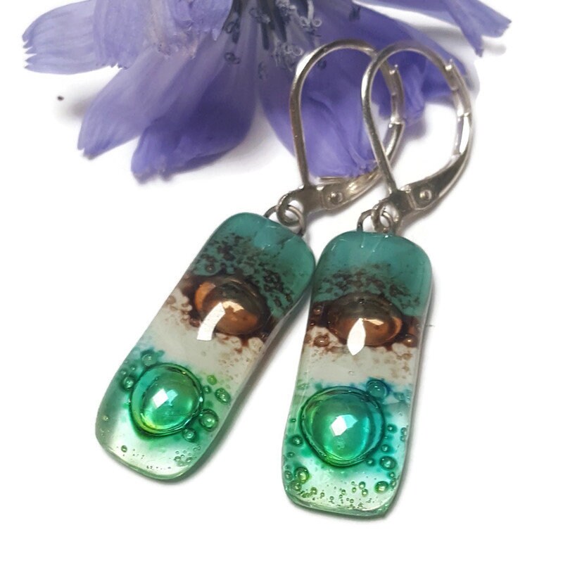 Small bar rectangle Dangle Earrings Recycled Glass. Fused drop Glass. Green, White, Teal and  brown drop earrings. CHOOSE EARRING HOOK