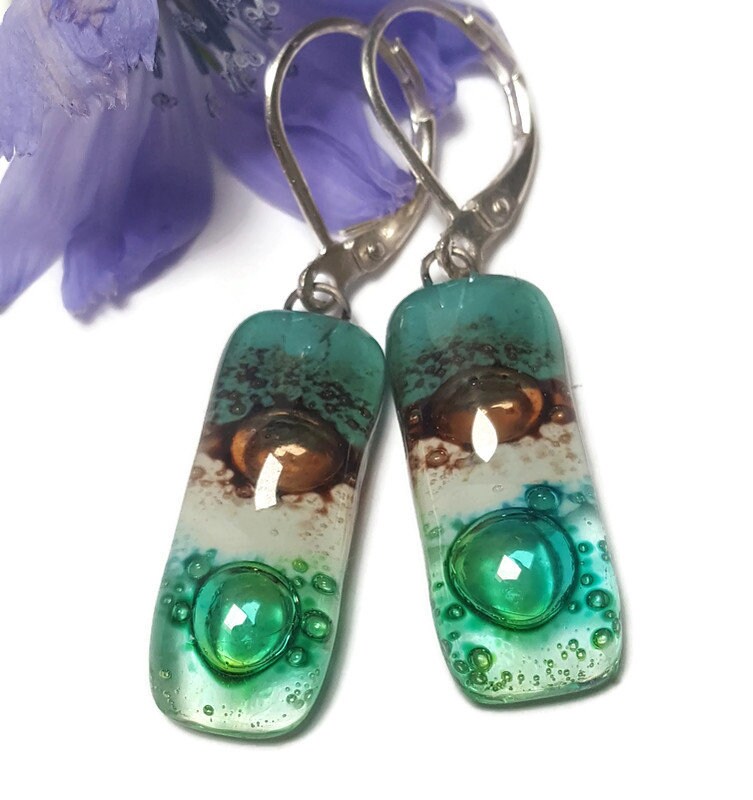 Small bar rectangle Dangle Earrings Recycled Glass. Fused drop Glass. Green, White, Teal and  brown drop earrings. CHOOSE EARRING HOOK