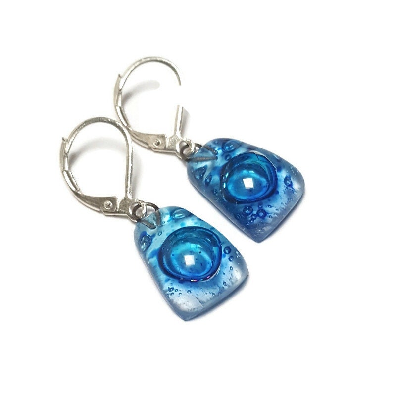 Leverback hook Dangle blue earrings . CHOOSE WIRE HOOK, handmade Long Earrings Recycled fused glass beads. Handcrafted. Casual Colorful earrings. Best gift for her. Bubbles