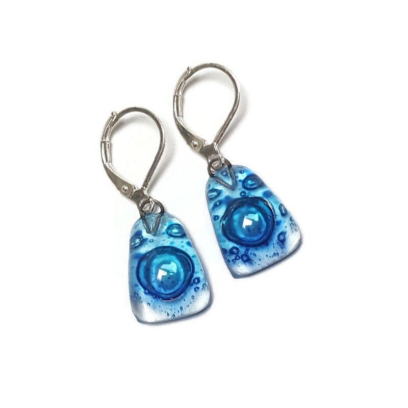 Leverback hook Dangle blue earrings . CHOOSE WIRE HOOK, handmade Long Earrings Recycled fused glass beads. Handcrafted. Casual Colorful earrings. Best gift for her. Bubbles