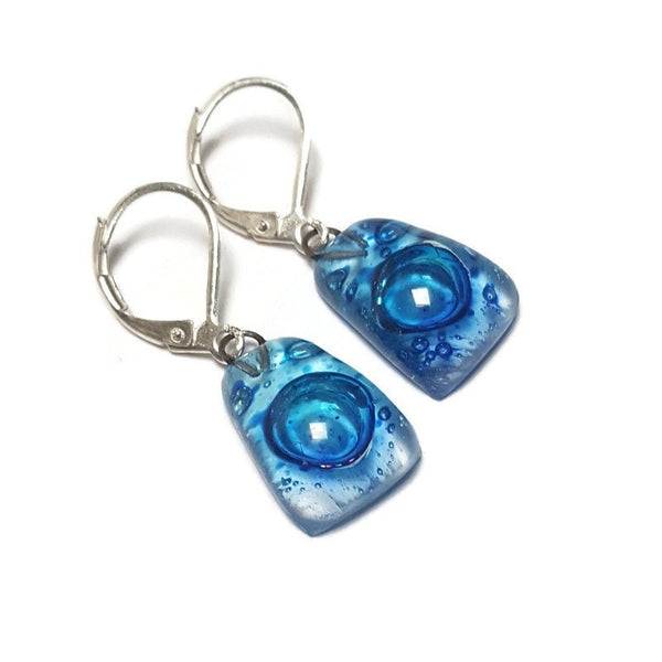 Leverback hook Dangle blue earrings . CHOOSE WIRE HOOK, handmade Long Earrings Recycled fused glass beads. Handcrafted. Casual Colorful earrings. Best gift for her. Bubbles