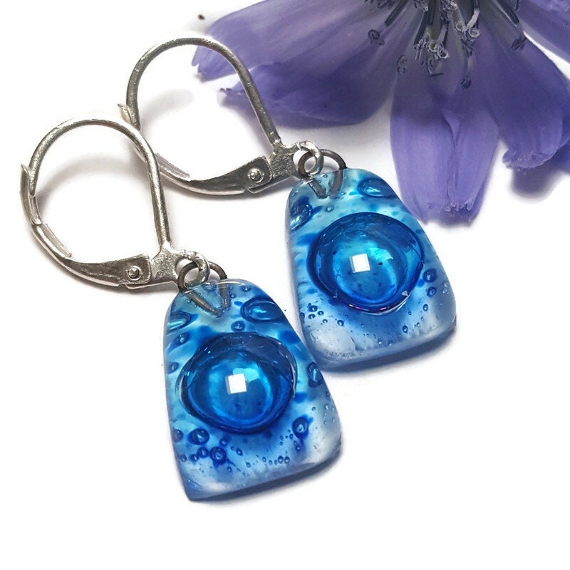 Leverback hook Dangle blue earrings . CHOOSE WIRE HOOK, handmade Long Earrings Recycled fused glass beads. Handcrafted. Casual Colorful earrings. Best gift for her. Bubbles