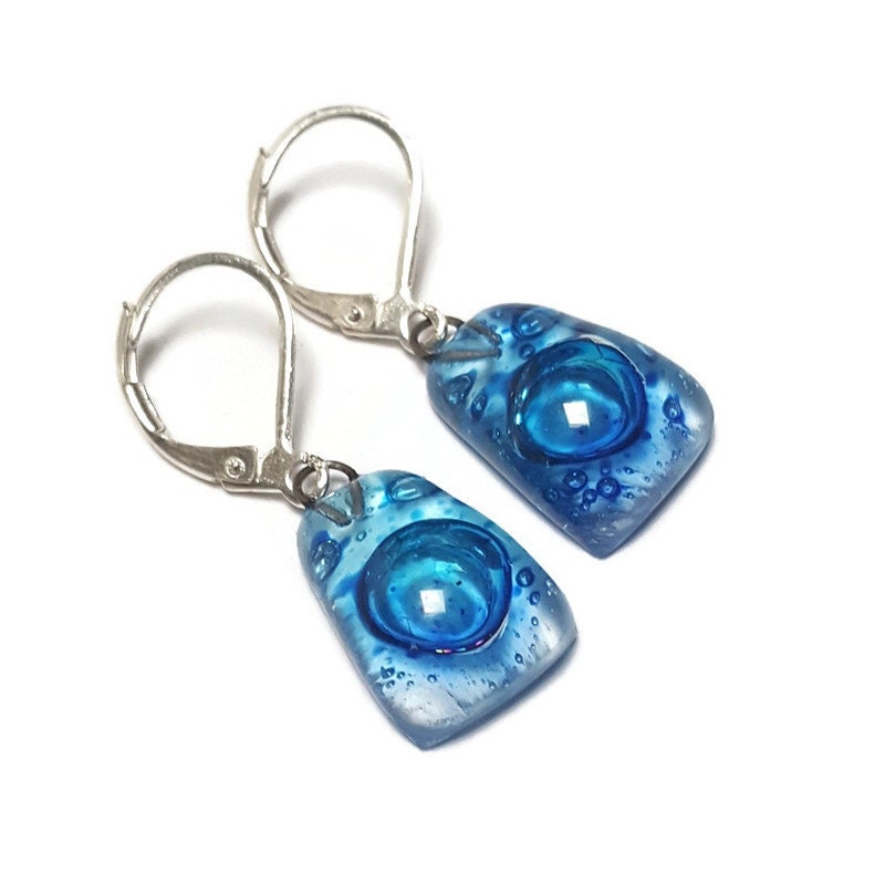 Leverback hook Dangle blue earrings . CHOOSE WIRE HOOK, handmade Long Earrings Recycled fused glass beads. Handcrafted. Casual Colorful earrings. Best gift for her. Bubbles