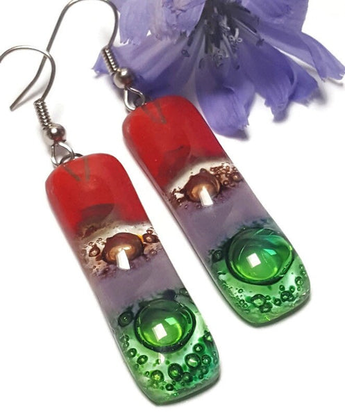 Recycled Fused Glass Drop  Earrings. Red, green, lilac and  brown Dangle Earrings.PLEASE CHOOSE WIRE HOOK