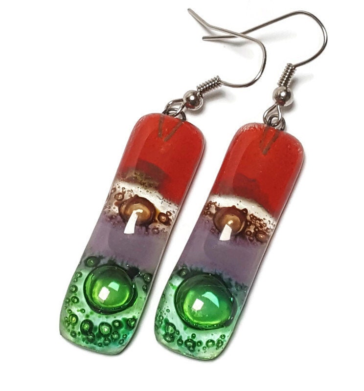 Recycled Fused Glass Drop  Earrings. Red, green, lilac and  brown Dangle Earrings.PLEASE CHOOSE WIRE HOOK