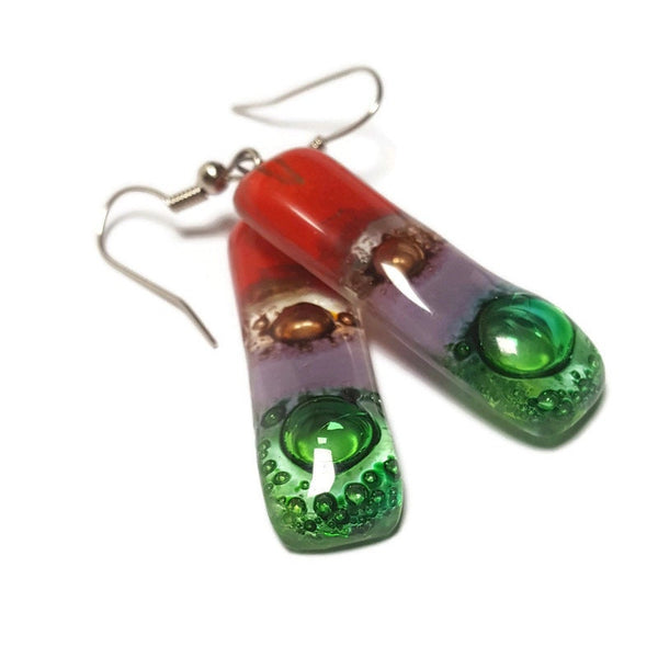 Recycled Fused Glass Drop  Earrings. Red, green, lilac and  brown Dangle Earrings.PLEASE CHOOSE WIRE HOOK
