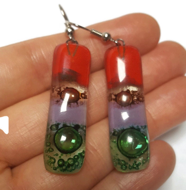 Recycled Fused Glass Drop  Earrings. Red, green, lilac and  brown Dangle Earrings.PLEASE CHOOSE WIRE HOOK