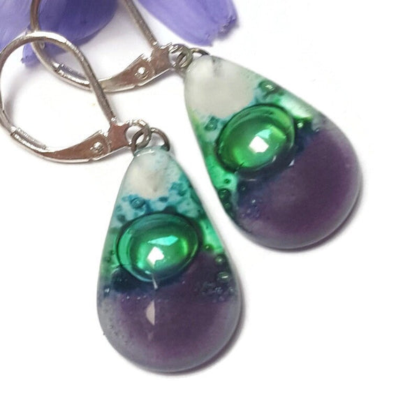 Fused Glass small Teardrop earrings. Lilac, white and green Drop earrings- Recycled Fused Glass dangle Earrings.
