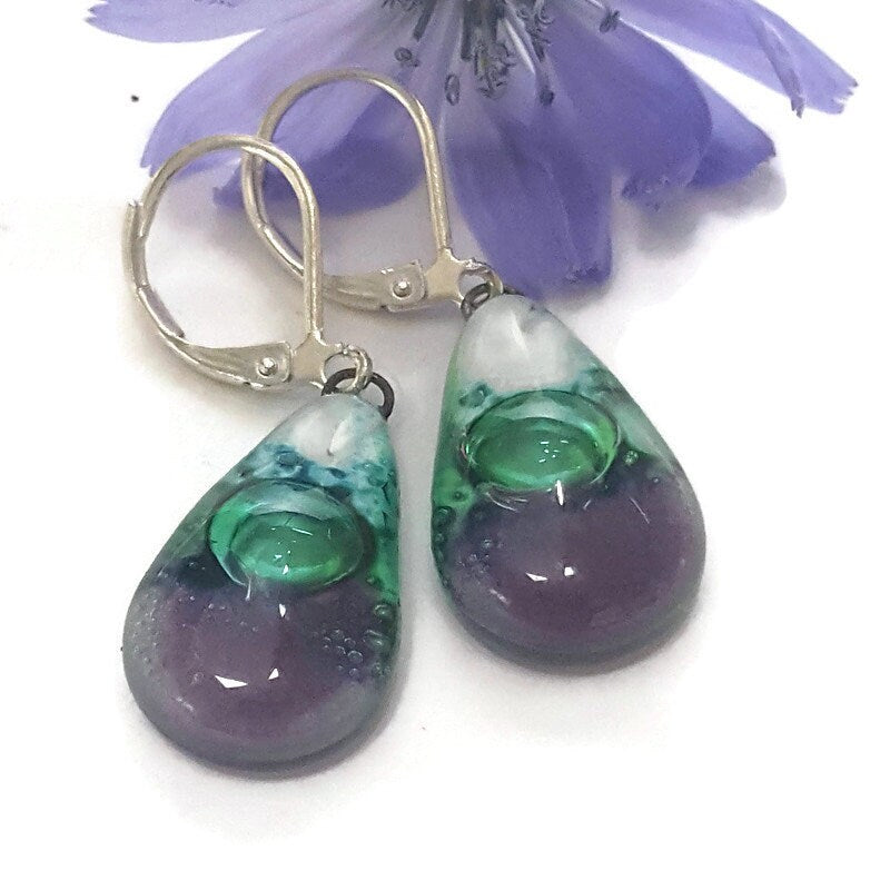 Fused Glass small Teardrop earrings. Lilac, white and green Drop earrings- Recycled Fused Glass dangle Earrings.