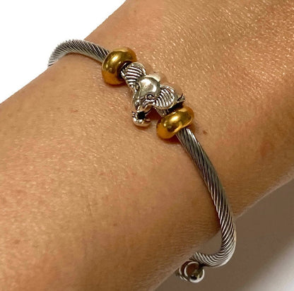 Elephant Stainless Expandable twisted Steel Bracelet Glass Charm Bead. Easy to put on adjustable stretch memory wire. One size fits most