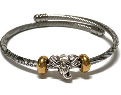 Elephant Stainless Expandable twisted Steel Bracelet Glass Charm Bead. Easy to put on adjustable stretch memory wire. One size fits most