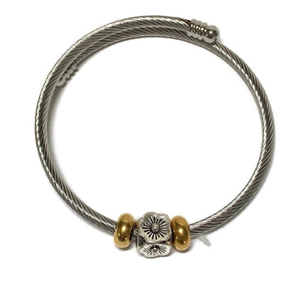 Flower Stainless Steel Bracelet Glass Charm Bead. Easy to put on adjustable stretch memory wire. One size fits most