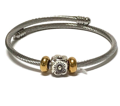 Flower Stainless Steel Bracelet Glass Charm Bead. Easy to put on adjustable stretch memory wire. One size fits most