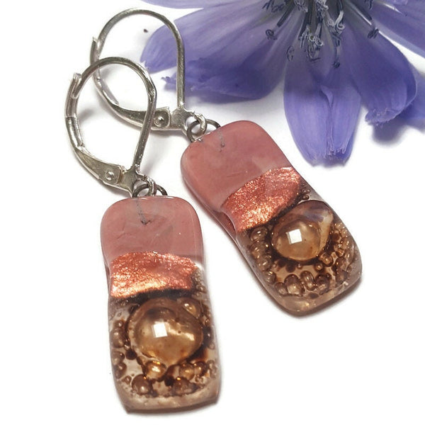 Small bar rectangle Dangle Earrings Recycled Glass. Fused drop Glass. Pink, copper and brown drop earrings. Leverback hooks/r and brown drop earrings. CHOOSE WIRE HOOK