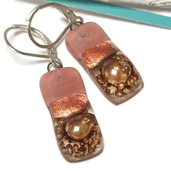 Small bar rectangle Dangle Earrings Recycled Glass. Fused drop Glass. Pink, copper and brown drop earrings. Leverback hooks/r and brown drop earrings. CHOOSE WIRE HOOK