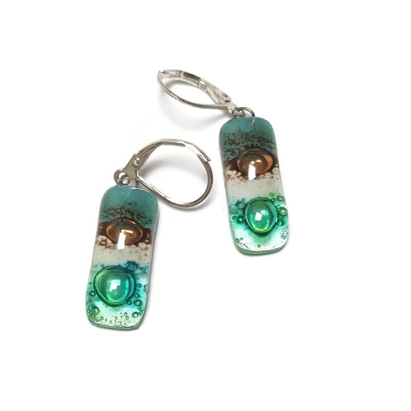 Small bar rectangle Dangle Earrings Recycled Glass. Fused drop Glass. Green, White, Teal and  brown drop earrings. CHOOSE EARRING HOOK