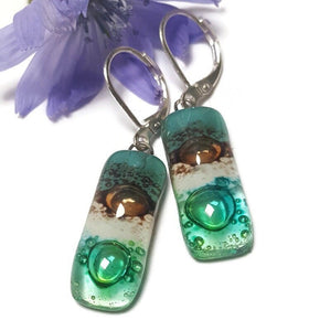 Small bar rectangle Dangle Earrings Recycled Glass. Fused drop Glass. Green, White, Teal and  brown drop earrings. CHOOSE EARRING HOOK