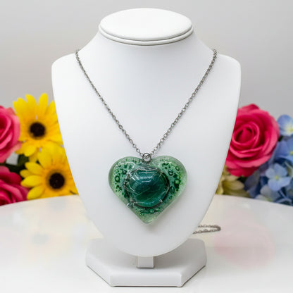 Green Heart shape Recycled Fused Glass Necklace limited edition. Heart pendant