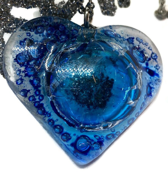 BLUE Heart shape Recycled Fused Glass Necklace limited edition. Heart pendant