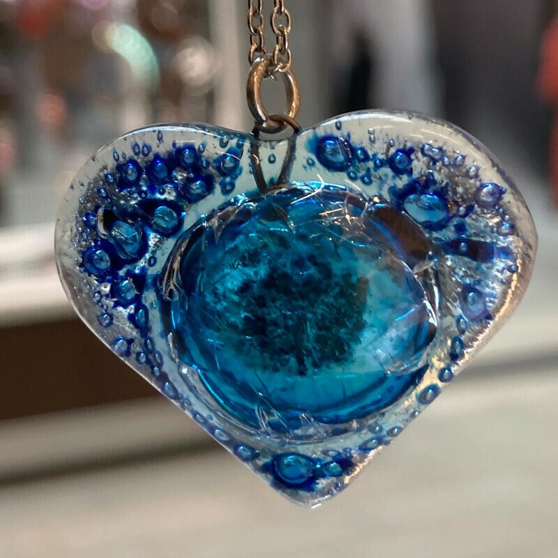 BLUE Heart shape Recycled Fused Glass Necklace limited edition. Heart pendant