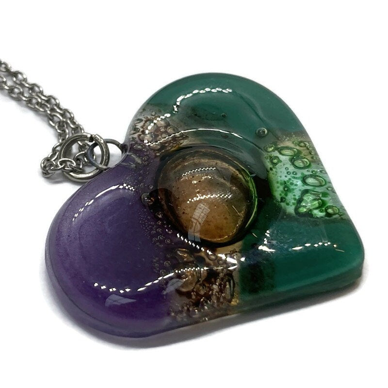 Purple, green, bubbly green and brown Heart shape Recycled Fused Glass Necklace limited edition. Heart pendant