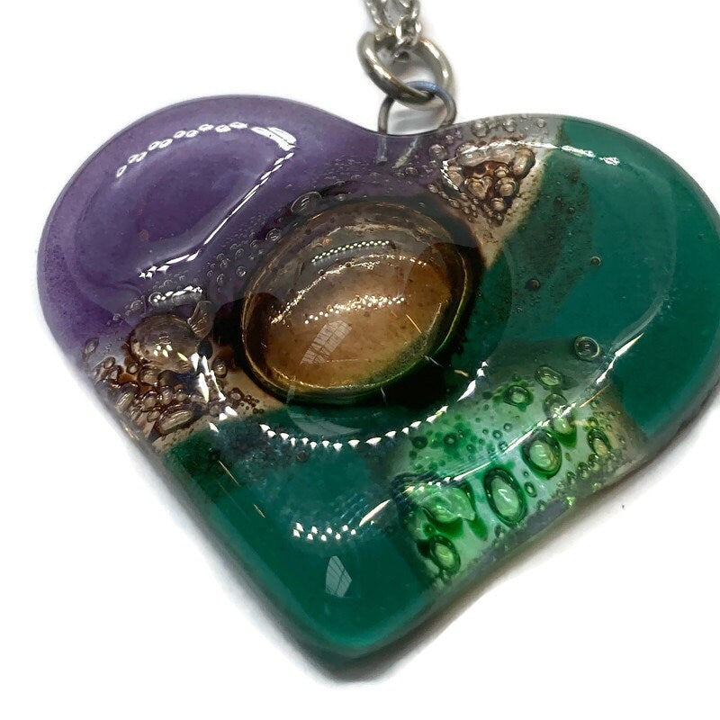 Purple, green, bubbly green and brown Heart shape Recycled Fused Glass Necklace limited edition. Heart pendant