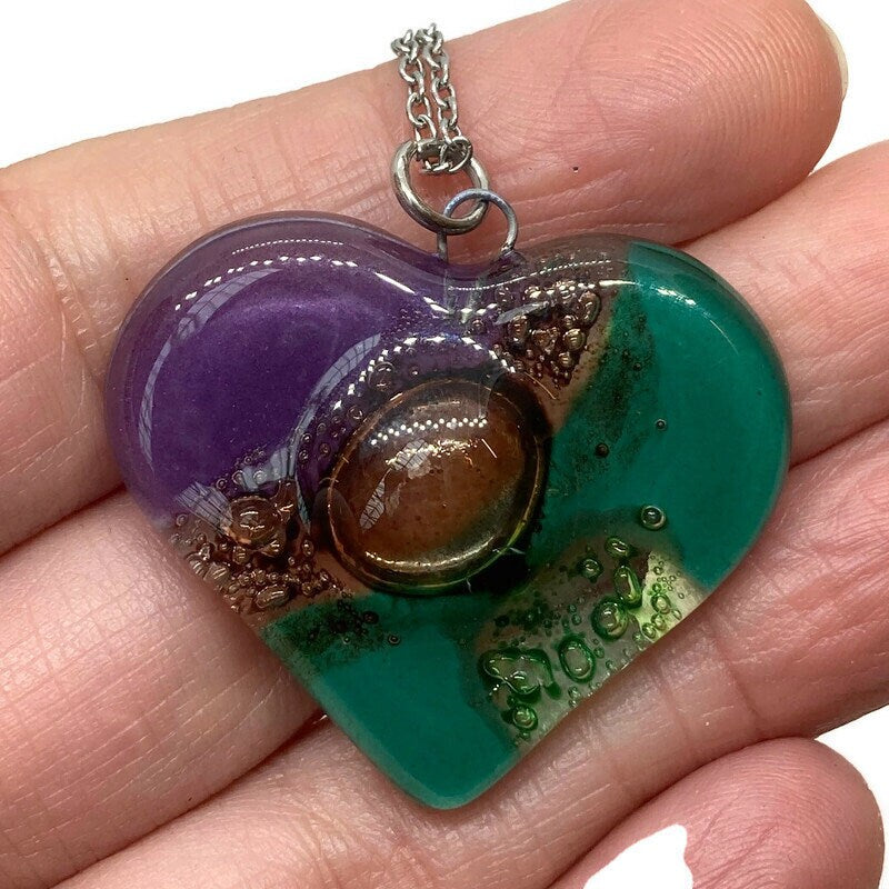 Purple, green, bubbly green and brown Heart shape Recycled Fused Glass Necklace limited edition. Heart pendant