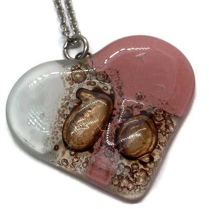 Pale pink, white and light brown Heart shape Recycled Fused Glass Necklace limited edition. Heart pendant
