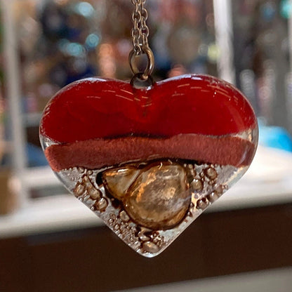 Nice color re, copper and brown Heart shape Recycled Fused Glass Necklace limited edition. Heart pendant