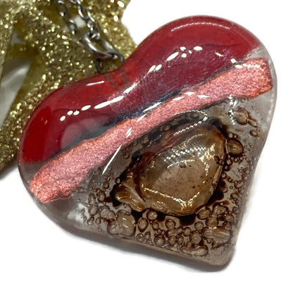 Nice color re, copper and brown Heart shape Recycled Fused Glass Necklace limited edition. Heart pendant