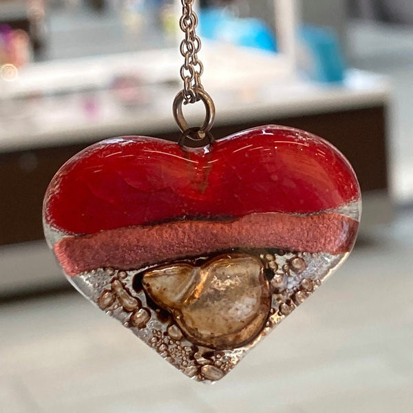 Nice color re, copper and brown Heart shape Recycled Fused Glass Necklace limited edition. Heart pendant