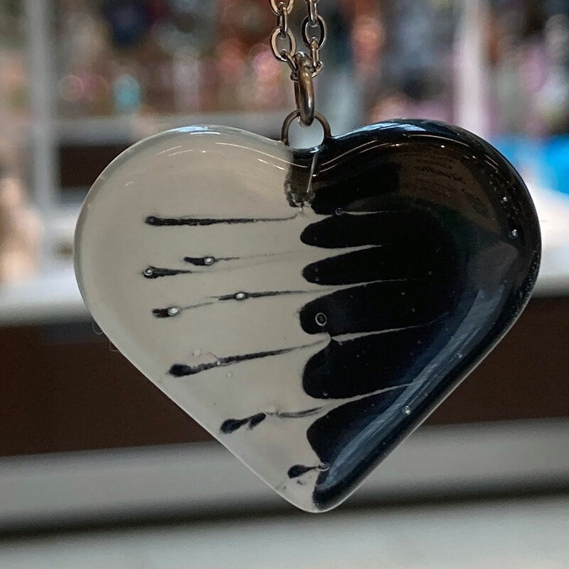 Black and white Heart shape Recycled Fused Glass Necklace limited edition. Heart pendant