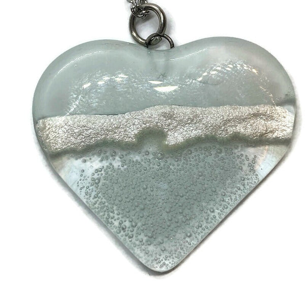 White and clear white Heart shape Recycled Fused Glass Necklace limited edition. Heart pendant