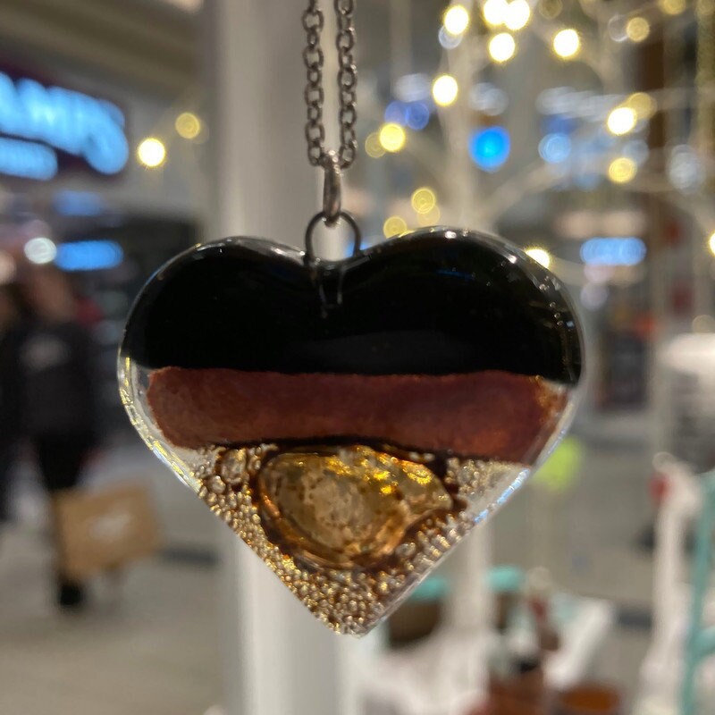 Black, copper and brown Heart shape Recycled Fused Glass Necklace limited edition. Heart pendant