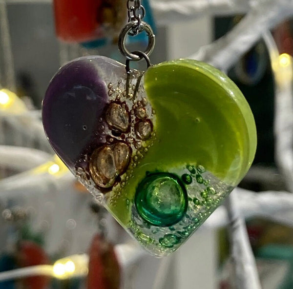 Green, lilac and brown Heart shape Recycled Fused Glass Necklace limited edition. Heart pendant