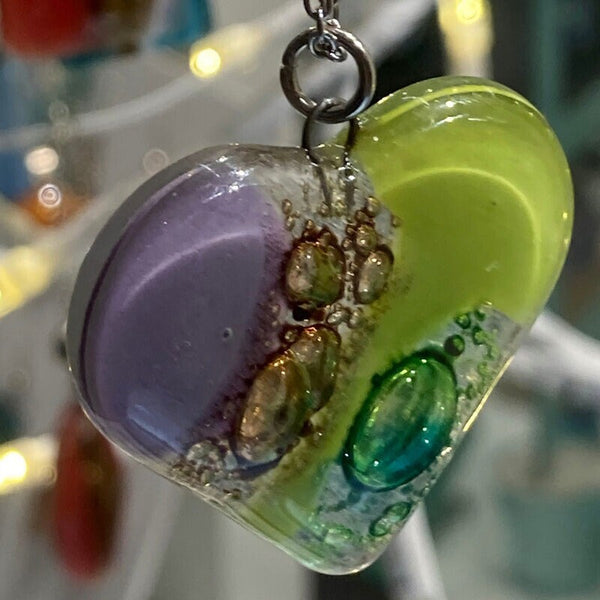 Green, lilac and brown Heart shape Recycled Fused Glass Necklace limited edition. Heart pendant