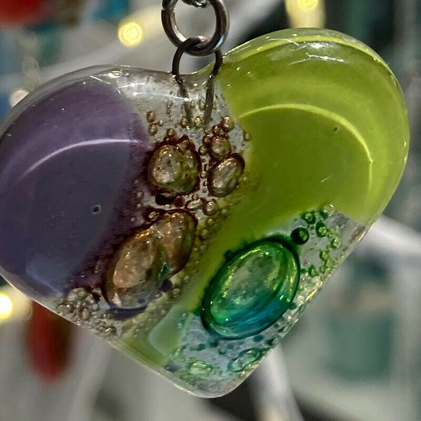 Green, lilac and brown Heart shape Recycled Fused Glass Necklace limited edition. Heart pendant