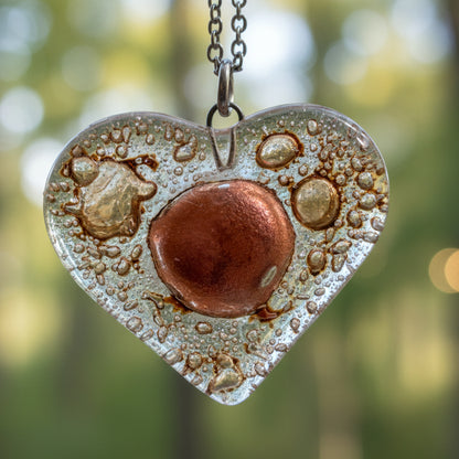 Copper and caramel brown Heart shape Recycled Fused Glass Necklace limited edition. Heart pendant