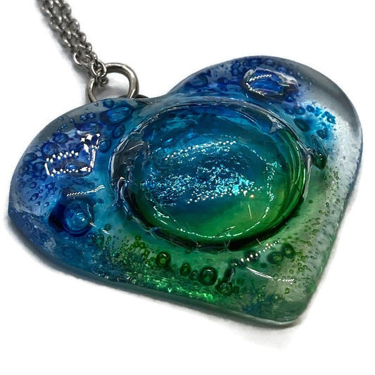 Blue Turquoise and green Heart shape Recycled Fused Glass Necklace limited edition. Heart pendant