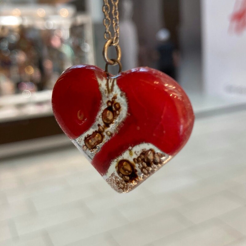 Red and caramel brown Heart shape Recycled Fused Glass Necklace limited edition. Heart pendant