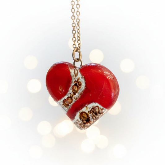 Red and caramel brown Heart shape Recycled Fused Glass Necklace limited edition. Heart pendant