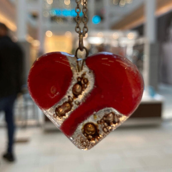 Red and caramel brown Heart shape Recycled Fused Glass Necklace limited edition. Heart pendant