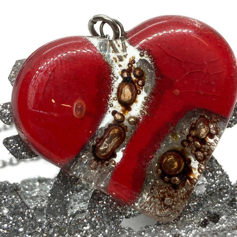 Red and caramel brown Heart shape Recycled Fused Glass Necklace limited edition. Heart pendant