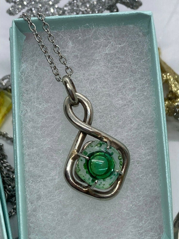 One of a kind Recycled Glass Green pendant . Handmade fused necklace. Dainty glass jewelry . Unique pieces. Awesome stone