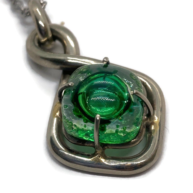 One of a kind Recycled Glass Green pendant . Handmade fused necklace. Dainty glass jewelry . Unique pieces. Awesome stone