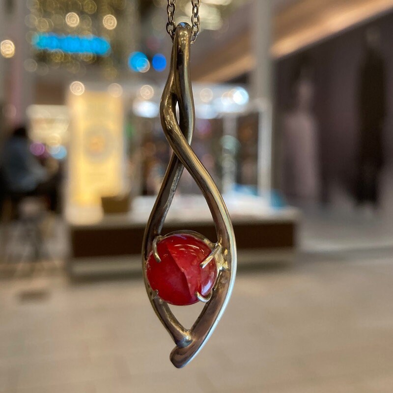 Bright red Recycled fused glass unique handcrafted pendant .