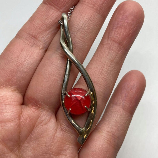 Bright red Recycled fused glass unique handcrafted pendant .