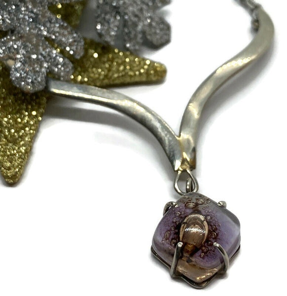 Delicate Recycled Glass lavander and brown pendant . Handmade fused necklace. Dainty glass jewelry . Unique pieces. Awesome stone